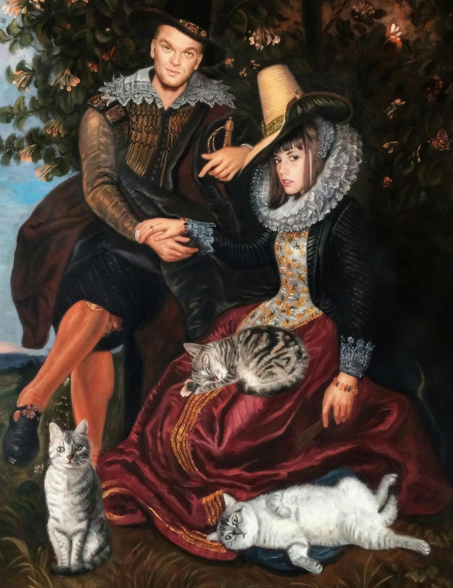 Renaissance painting of a man and woman posin with their 3 cats