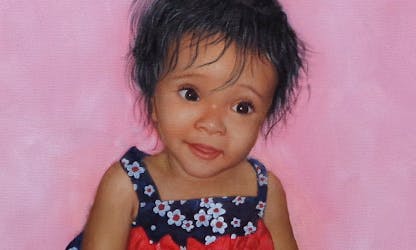 An oil portrait of a girl toddler in a flower dress
