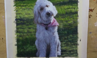White haird dog on green grass Mixed-Media painting