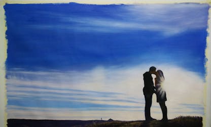 Oil painting of a landscape scene with the silhouette of a couple kissing in the distance