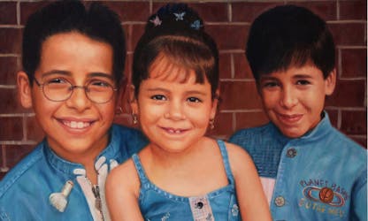 An oil portrait of three child siblings, 2 boys and a girl.
