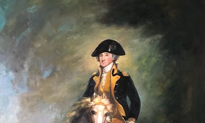 An oil painting replica of a Rembrandt Peale painting of George Washington on horseback