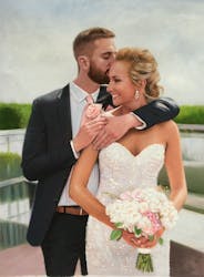 Oil painting of a groom kissing the bride on the forehead.