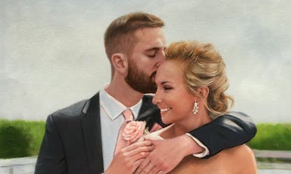 Oil painting of a groom kissing the bride on the forehead.