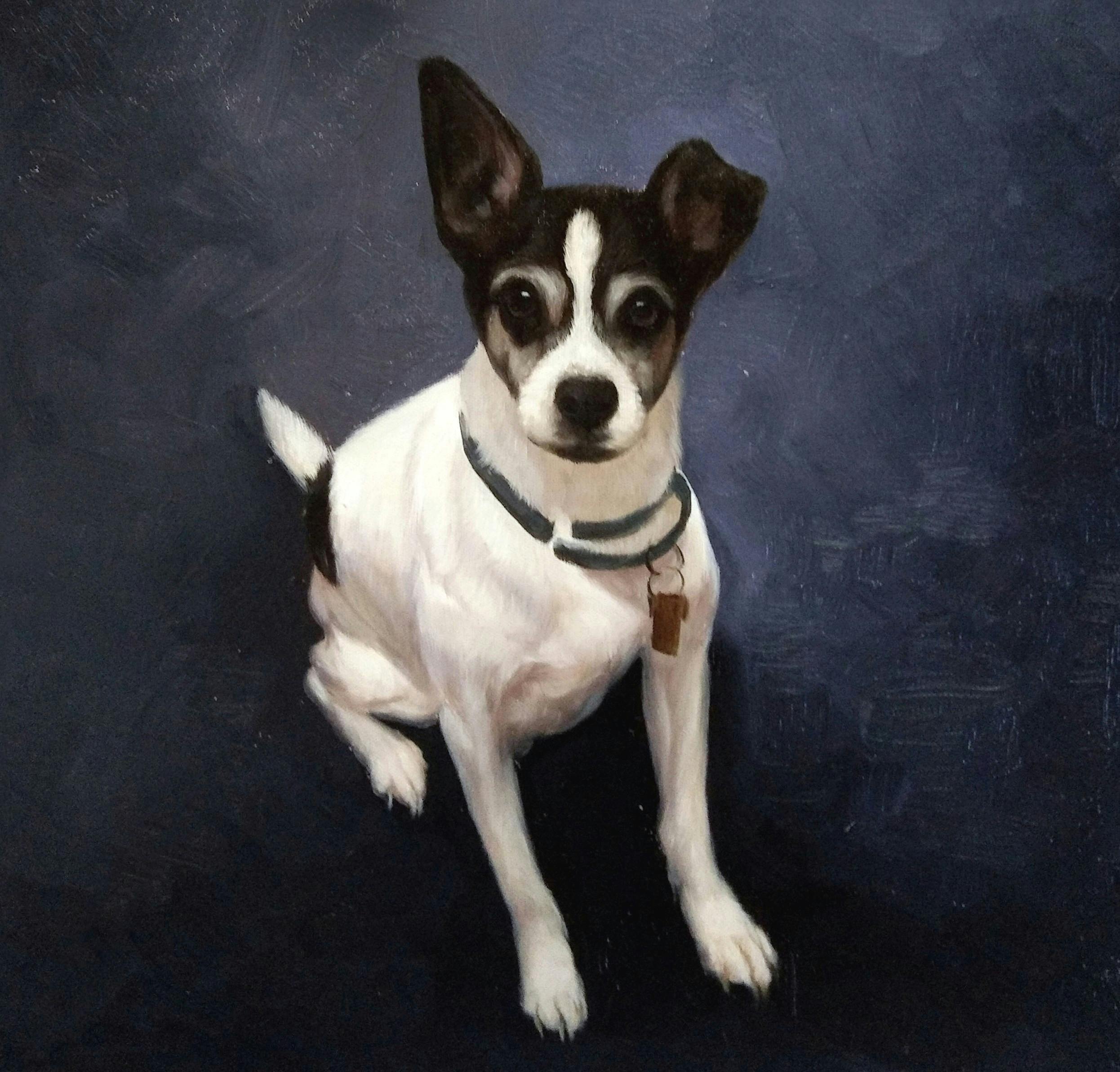 a painting of dog, dog breed, rat terrier, dog like mammal, toy
