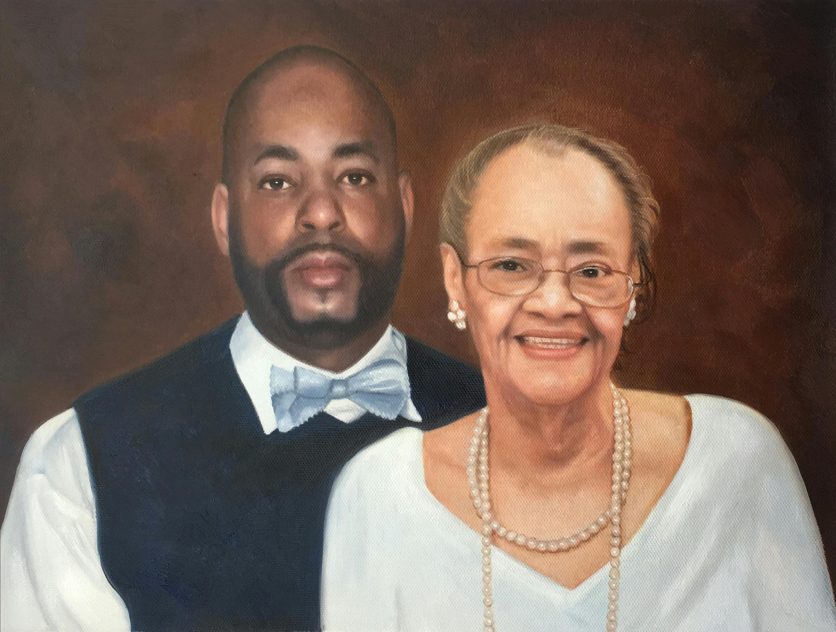 Oil painting portrait of a man and his grandmother on a brown background.