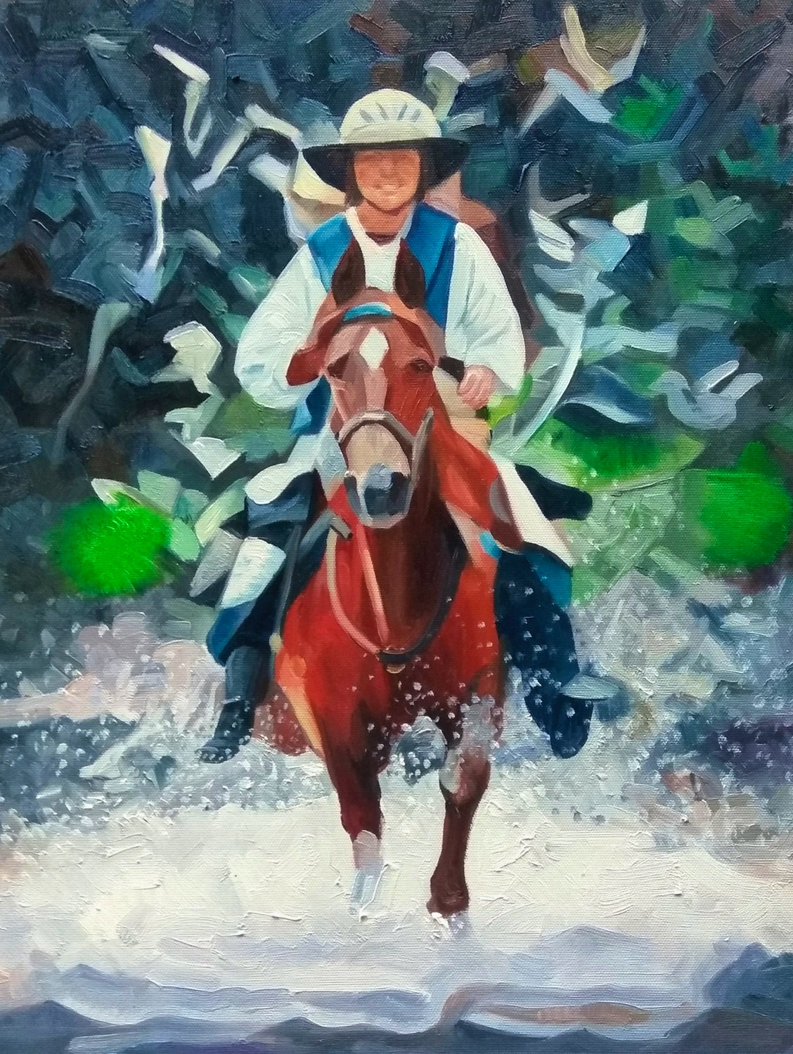 Oil painting of a girl riding a horse painted in the style of Young American Girl by Francis Picabia