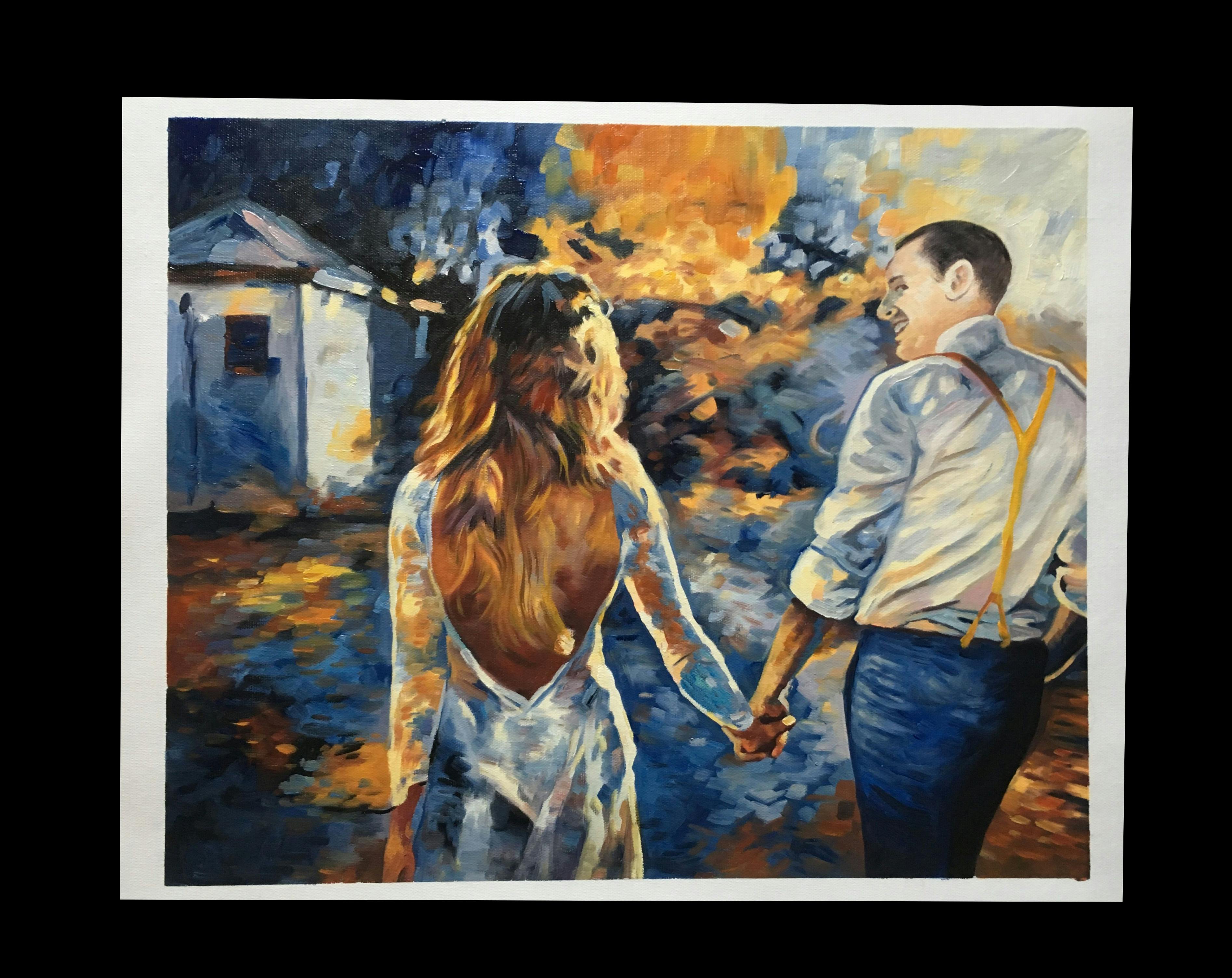 Canvas artwork of newlywed couple holding hands at sunset