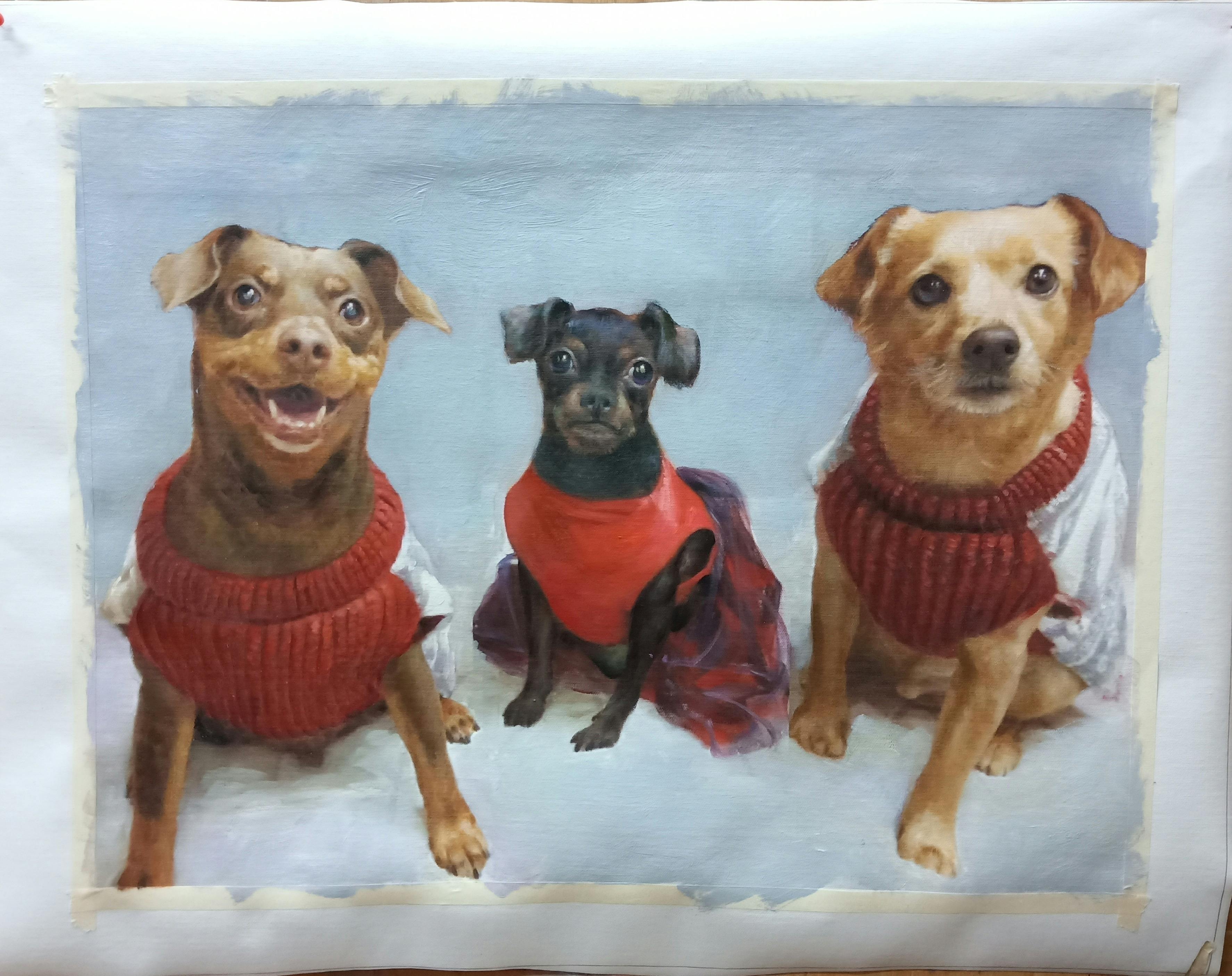 a painted portrait of 3 dogs wearing sweaters