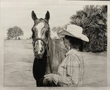 Pencil drawing of an older lady and her horse