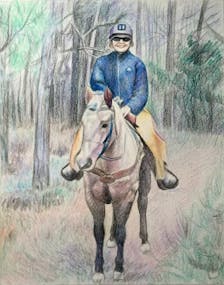 Colored pencil drawing of a lady riding a horse in the woods