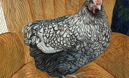 A chicken painted in oil in the style of Fur