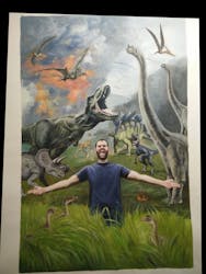 A photoshopped picture of a guy in a scene with dinosaurs and pterodactyls in the background painted in oil