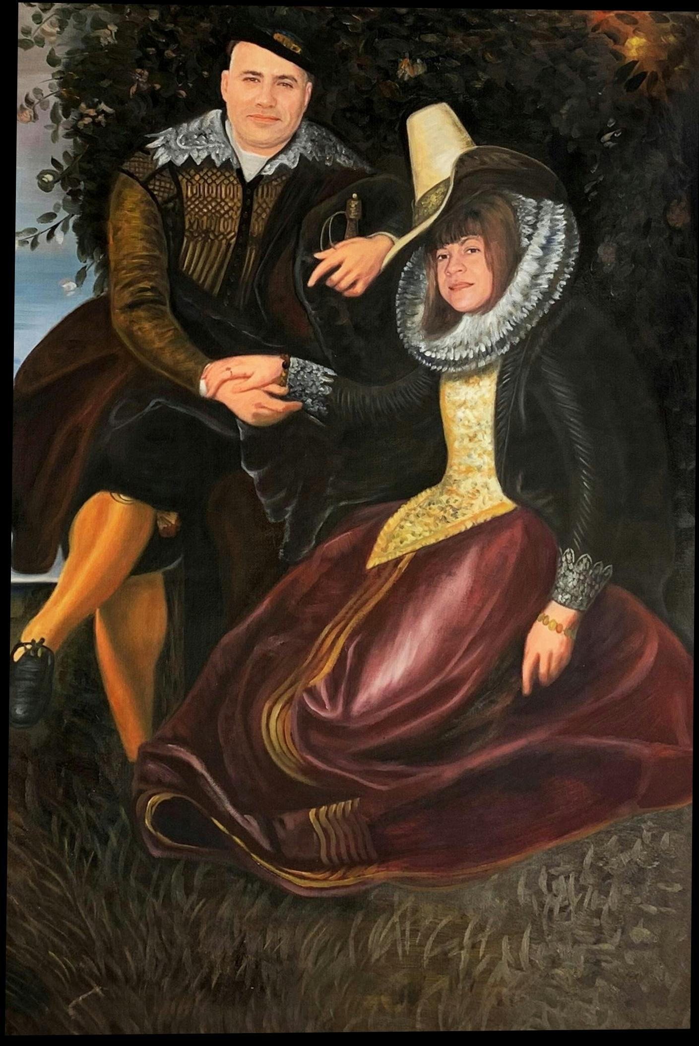 Oil portrait of a couple painted into a classical oil painting of pilgrims.