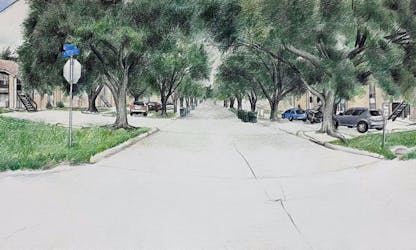 A colored pencil drawing of a street from a wide angle view