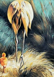 Oil painting of the rear of a large flightless bird with chicks following