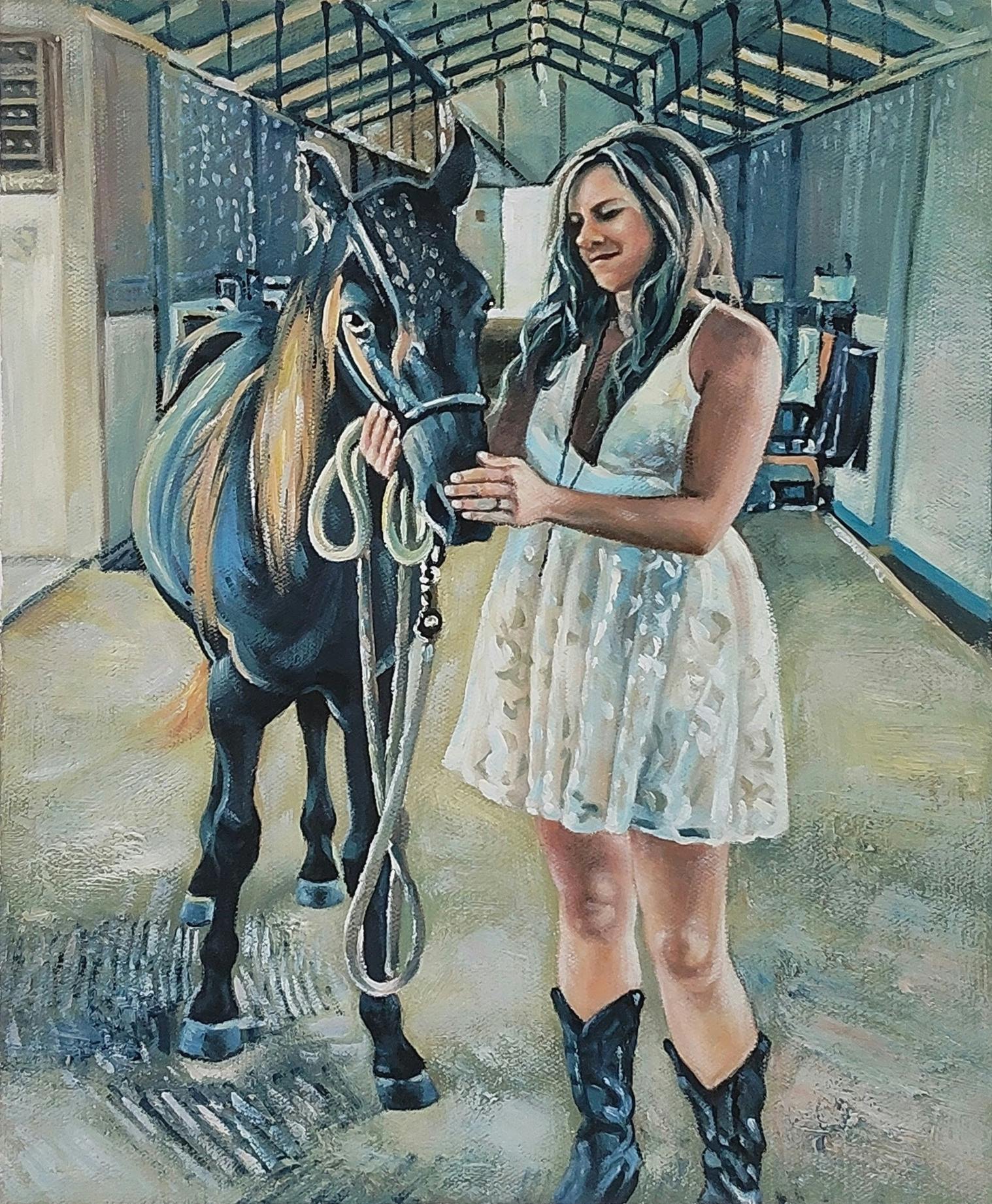 A horse and her owner painted in the style of The Great Wave Off Kanagawa, but with oil paint