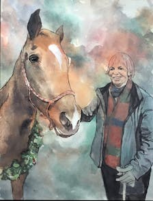 Watercolor portrait painting of an owner and her horse