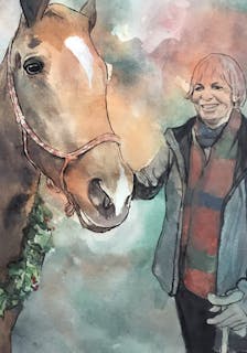 Watercolor portrait painting of an owner and her horse