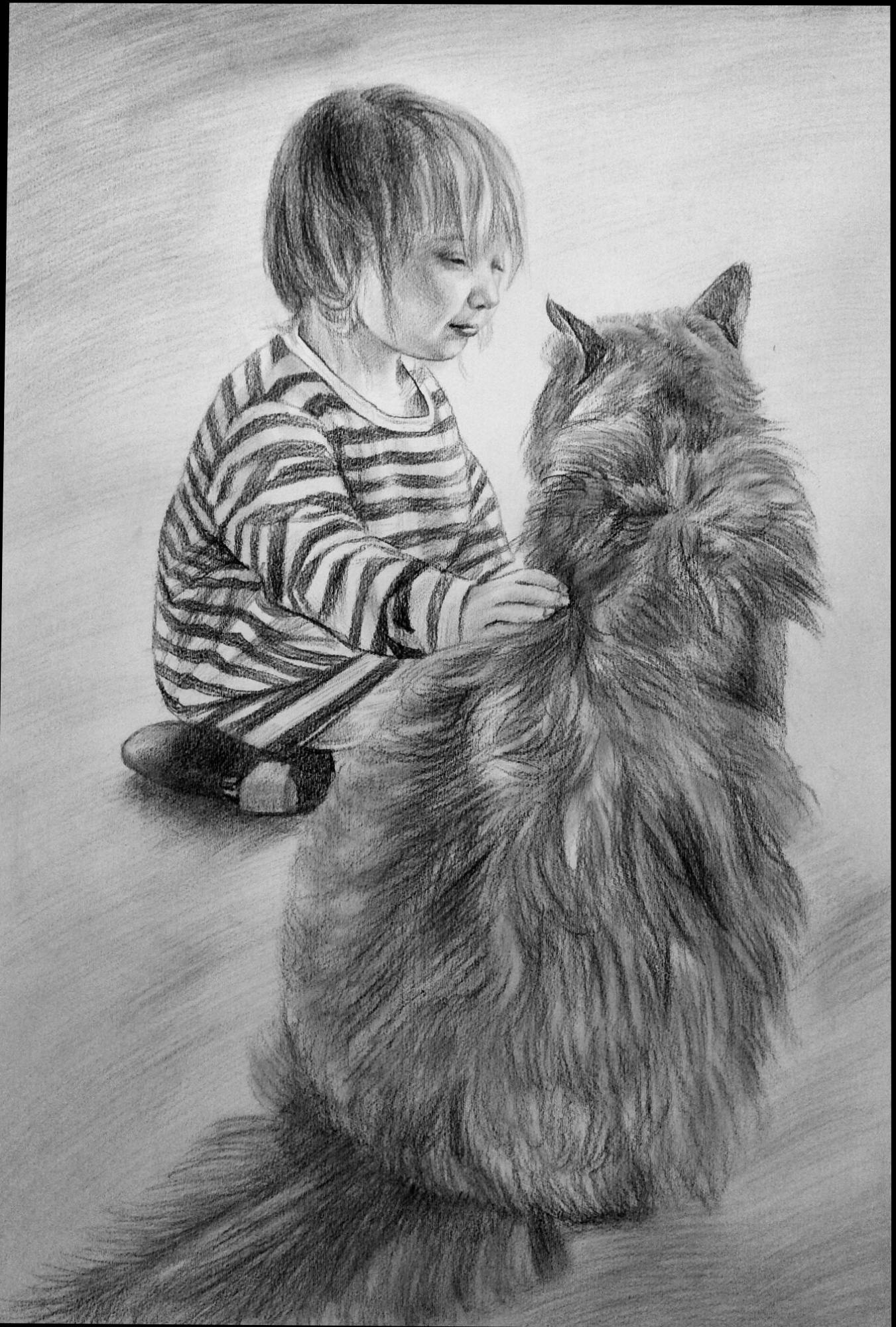 Charcoal drawing of a cat with a young child