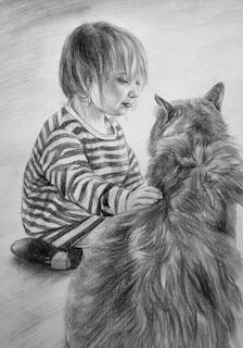 Charcoal drawing of a cat with a young child