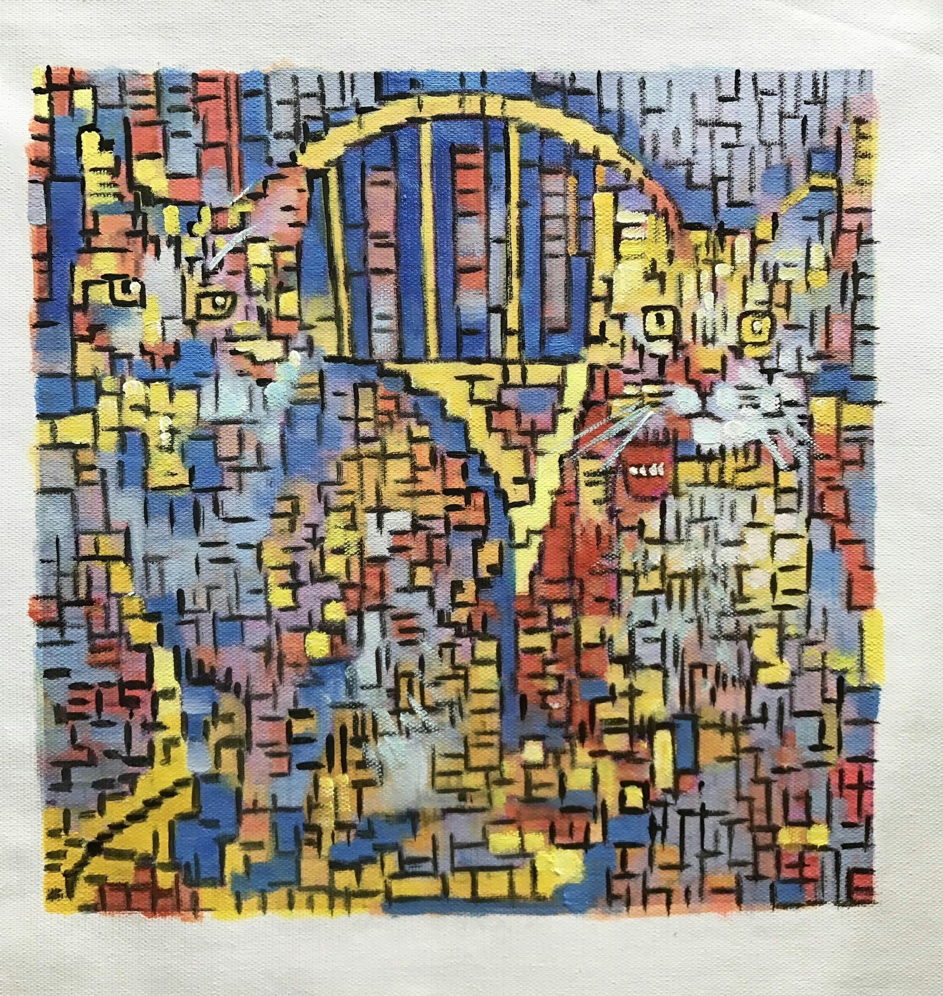 Oil portrait of two cats in the style of Composition by Piet Mondrian