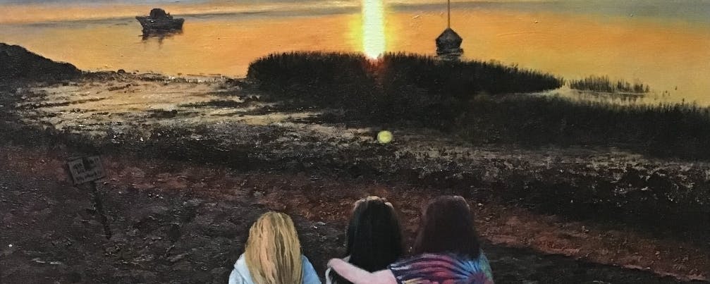 Oil painting of a sunset with some kids in the foreground looking at it.