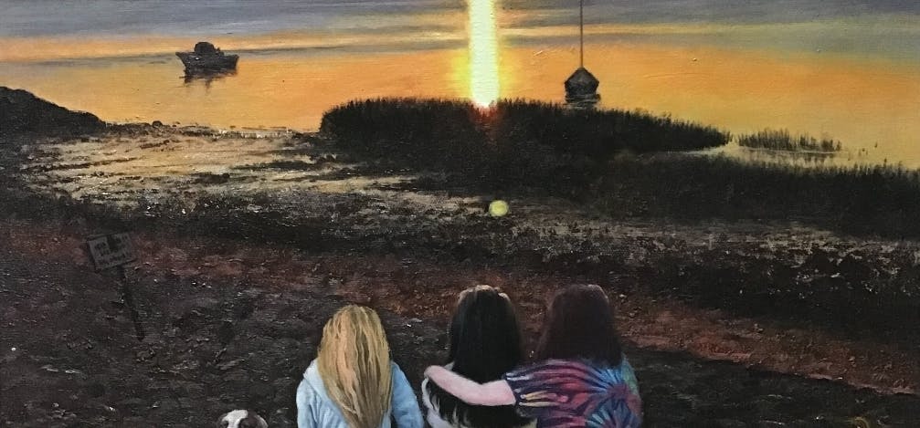Oil painting of a sunset with some kids in the foreground looking at it.