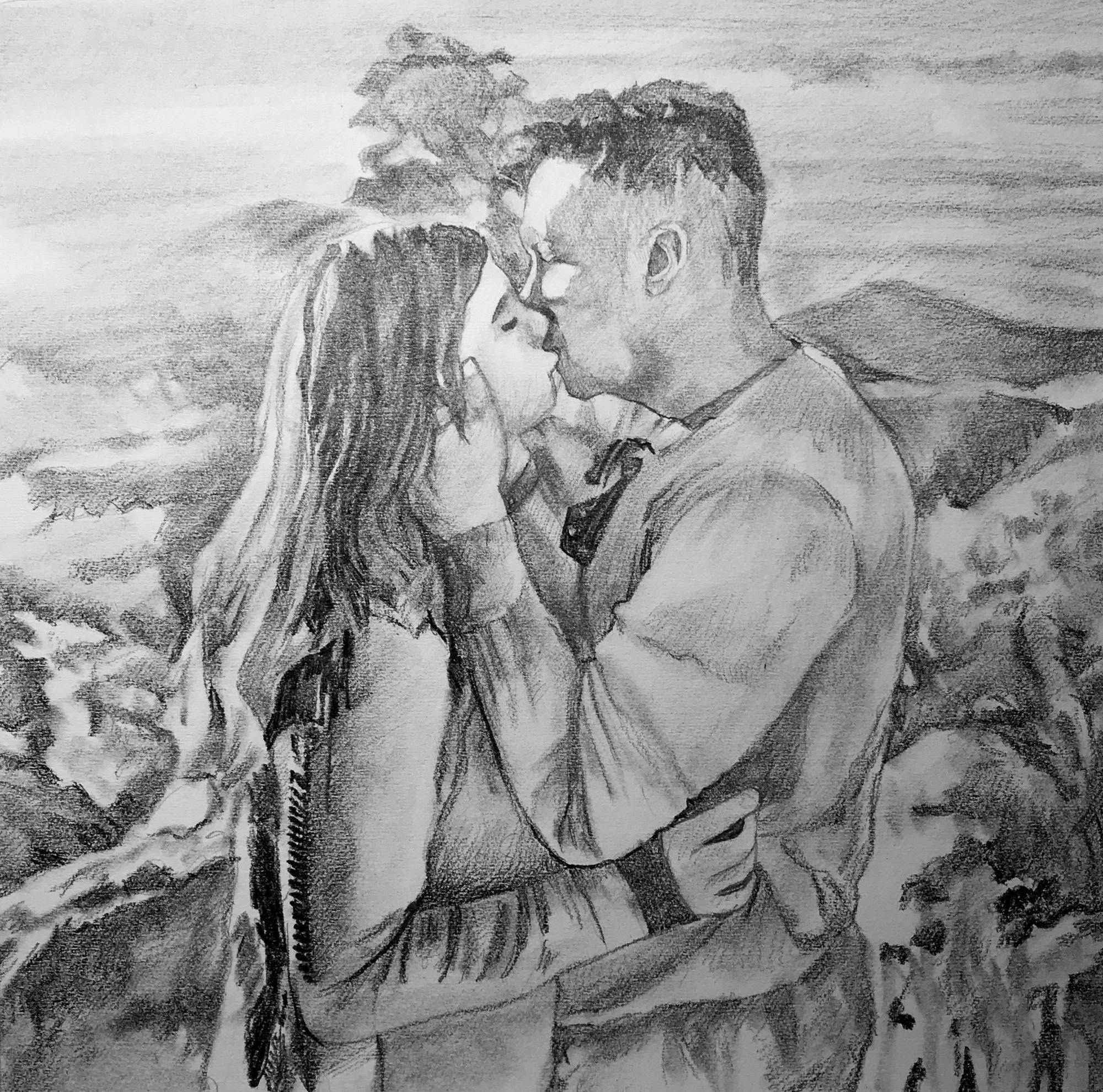Pencil drawing of a couple kissing