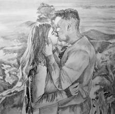 Pencil drawing of a couple kissing