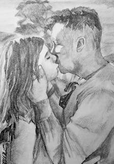 Pencil drawing of a couple kissing