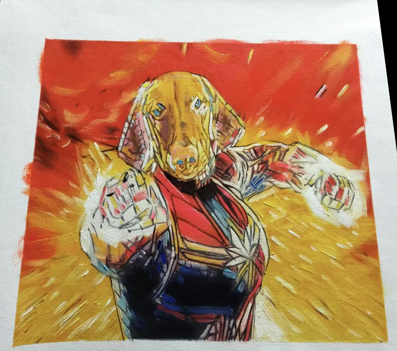 Kitschy oil portrait of a dog as Captain Marvel