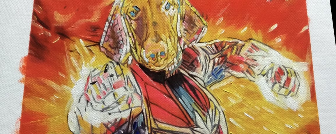 Kitschy oil portrait of a dog as Captain Marvel