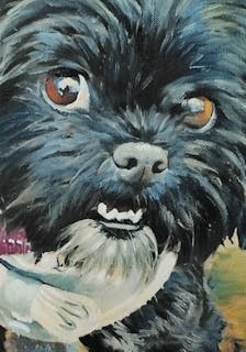Mixed media oil painting of a hairy dog