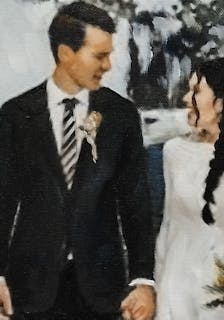 Mixed media oil painting of a couple on their wedding day