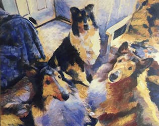 3 dogs painted in the style of Dynamism of a Cyclist by Umberto Boccioni.