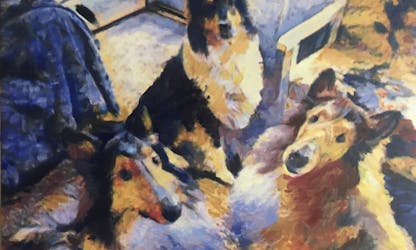 3 dogs painted in the style of Dynamism of a Cyclist by Umberto Boccioni.