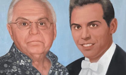 Portrait painting in oil of an older gentlman alongside a younger gentleman.