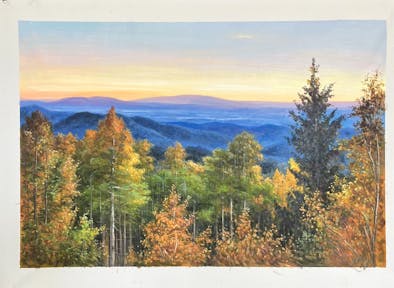 Oil painting of the orange sunset on the horizon in a forest