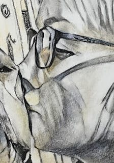 Colored pencil drawing of a person kissing a dog